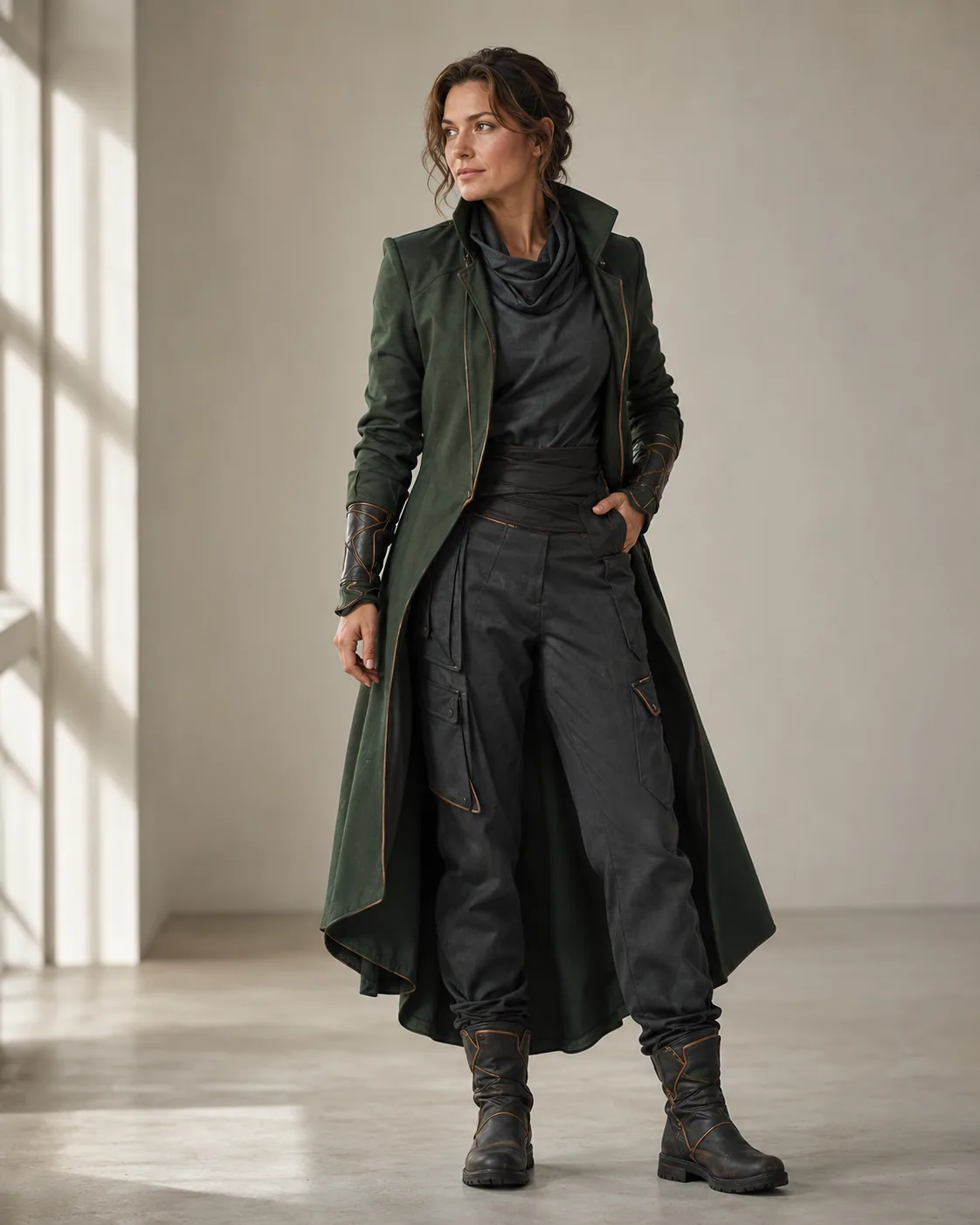 Adult woman in an original forest-green urban guardian outfit with a long coat