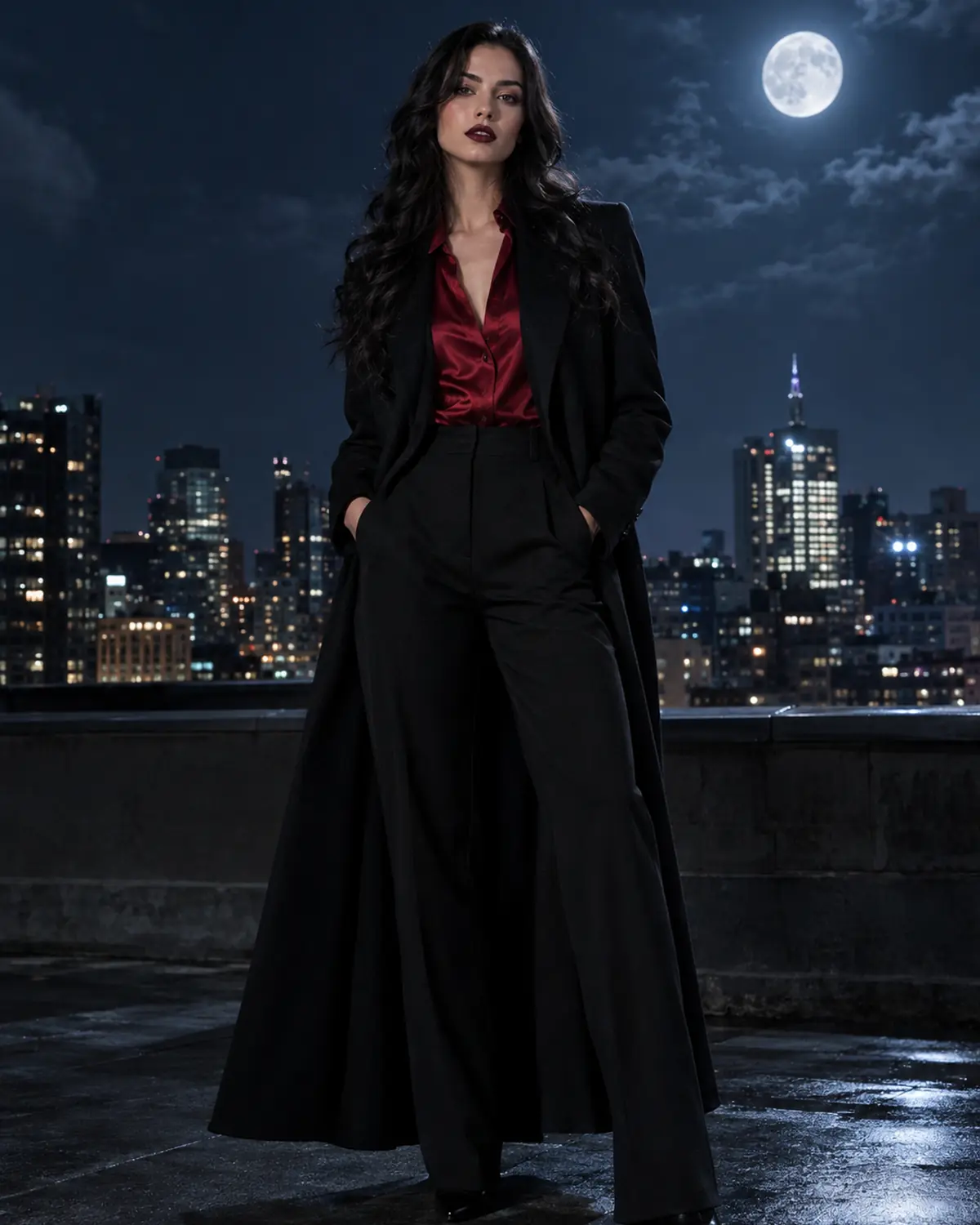 Adult woman in an original modern vampire suit and long coat on a rooftop at night